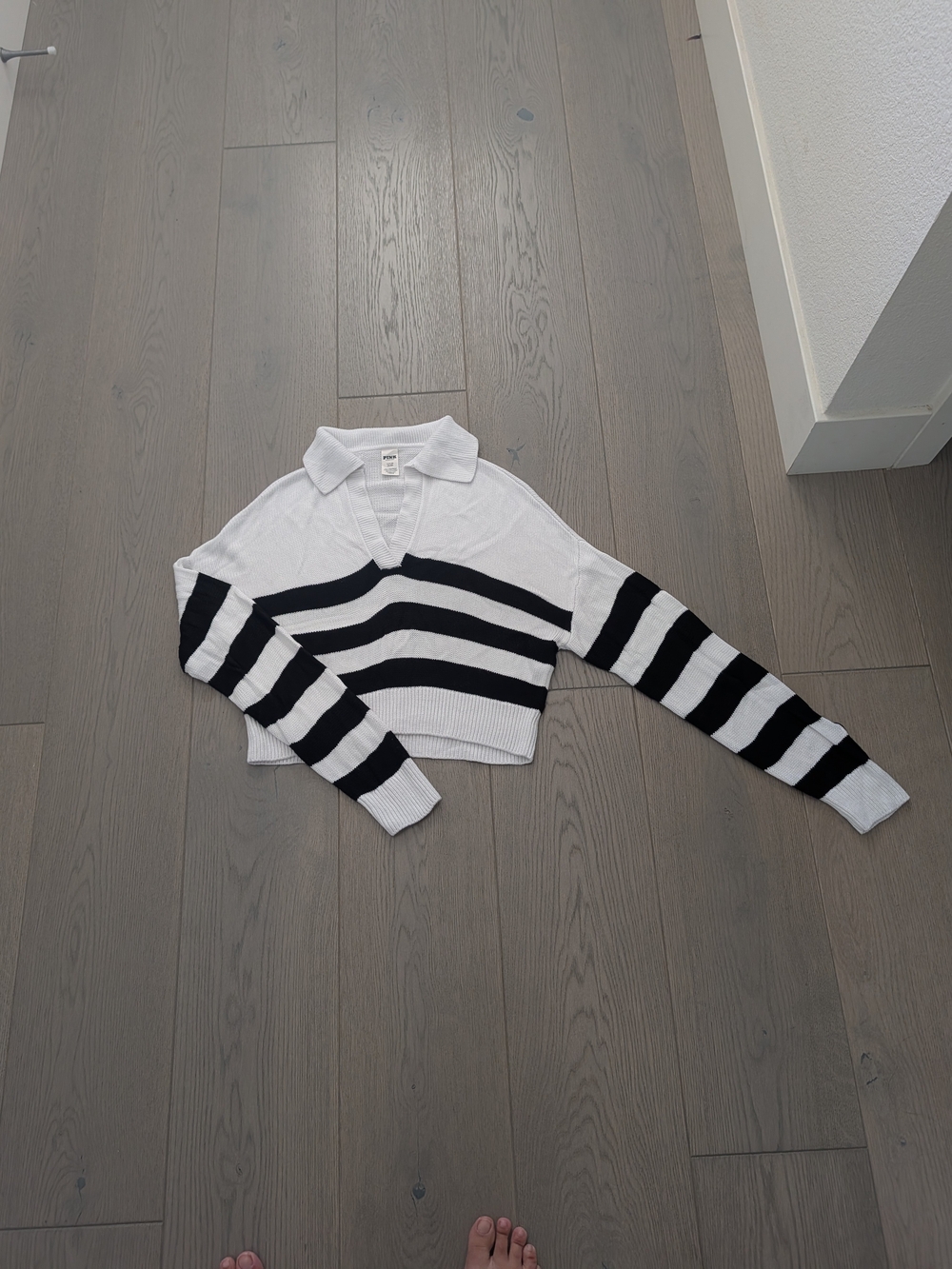 PINK Victoria's Secret Black & White Striped Collared V-Neck Sweater
